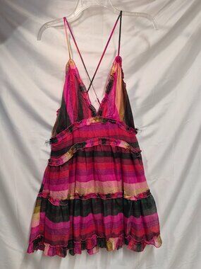 Luxxel Pink Multicolor Striped Ruffle Spaghetti Strap Mini Dress Size L NWT